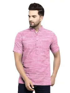 Mens Khadi Cotton Half Sleeves Solid Casual Round Neck Short Kurta_Pink_M
