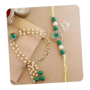 I Jewels Unisex Adult Designer Kundan & Pearl Hanging Bhaiya Bhabhi Lumba Rakhi Combo Set With Roli Chawal And Rakshabandhan Card (R119G-Co)