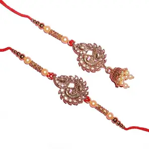 Sara Creations Premium Couple Rakhi Set for Bhaiya Bhabhi Pearl Designer Rakhis with Roli Chawal Pack Combo for Raksha Bandhan (Brass)