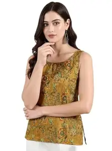 Pinkmint Kurti for Women Printed Sleeveless Women's Kurti Top with Back Tie-Up | Cotton Blend Ethnic Fusion Women Top for Office Wear, Casual Wear, Beach College, Festive & Party Look