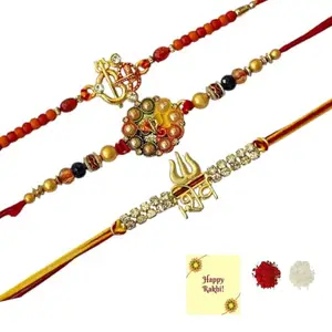 DMS RETAIL Set of 3 Handmade Designer Lord Ganesh Om Rakhi with Multi Thread and Roli Chawal and Beautiful Brother/Bhaiya Rakhi With Greetings Card (COMBO24)