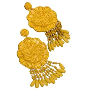 MARMORIS ECOM Handmade Yellow Beaded Long Drop Earring | Handcrafted Lightweight Earrings Set for Women & Girls - 1 Pair