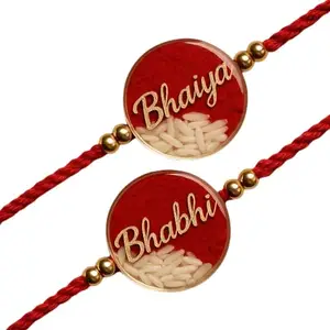 Customized Bhaiya Bhabhi Rakhi Set with Rice and Red Thread | Traditional Indian Brother Sister Bond Rakhi for Raksha Bandhan Festival