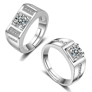MEENAZ Ring for Men combo Mens couples gents Boys Boyfriend Friends American diamond AD CZ stone thumb Band Stylish proposal Adjustable Silver Finger ring Platinum Valentine gifts Anniversary 376