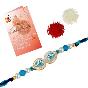 Lucky Jewellery Unisex Adult Designer Turquoise Color Stone Rakhi - Rakshabandhan Pearl Rakhee Bracelet for Brother/Bhaiya/Bhai/Bhabhi - Pack of 1 (176-CHR1-1279-FB-1)