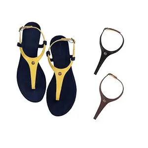 Cameleo -changes with You! Women's Plural T-Strap Slingback Flat Sandals | 3-in-1 Interchangeable Leather Strap Set | Yellow-Black-Brown