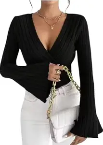 SILES FASHION Women Casual Flared Sleeve Self Design Blue Top Stylish Regular Fit Soft Fabric Trendy Office Party Top