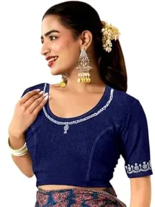 MISS WEARS Women's Regular Fit Readymade Stretchy Elbow Length Embroidered Saree Blouse