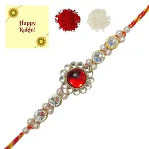 Avanti Creations Elegant Floral Kundan Designer Gold Plated Premium Rakhi for Brother With Roli Chawal & Greeting Card | Rakhi for Bhaiya | Rakhi for MEN | Kundan Rakhi