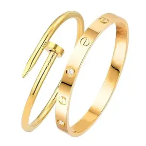 Decent Dynamics Bracelet for Woman & Girls 18K Gold Plated Stainless Steel Bracelet | Anti-Tarnish Love Band & Nail Cuff Hand Bracelets for Women | Combo of 2 Stainless Steel Adjustable Gold Kada Set for Girls | Wrist Band | Hand Cuff | Fancy & Stylish | Birthday Gift | Aesthetic Jewellery | Everyday Accessories