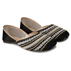 JM LOOKS Stylish Embroidered Jutti for Women/Girls | Embellished Stone Work Jutti | Wedding Bellies | Women Ethnic Shoe Traditional Mojari | Kolhapuri/Jaipuri/Punjabi Jutties | (Black, 40)