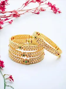 9blings Gold Plated Traditional 4Pc Pearl CZ Stone Bangle For Women and Girls