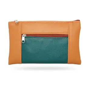 Beanskart Zipper Purse for Ladies | Womens Wallet | Ladies Leather Wallet |Pouches for Multipurpose use | Money Wallet (Almond-D Green-Tan Zip)