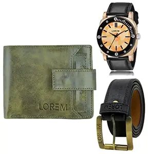 LOREM LOREM Mens Combo of Watch with Artificial Leather Wallet & Belt FZ-LR52-WL22-BL01