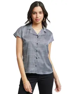 FableStreet Geometric Print Button Down Top - Black and White- (FSTP1137BKWH-S)