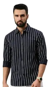 Men's Casual Shirt – Vertical Button Down – Slim Fit Long Sleeve Cotton Shirt for Office (in, Alpha, XL, Regular, Blue line)