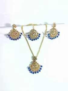 Gold-Plated Traditional Jewellery Set with Blue Beads, Necklace, Earrings and Maang Tikka for Women