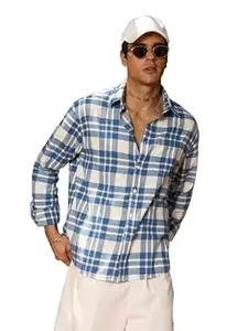 The Souled Store: Moonlight Men and Boys Long Sleeve Spread Collar Blue and Off White Plaid Cotton Lightweight Easy to Style Everyday Office Wear Regular Fit Shirt