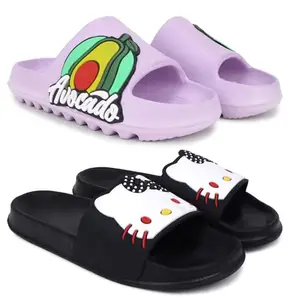 Pampy Angel Combo Pack of 2 Slipper/Flip Flops/Slides for Women,(T-Acado-Purple,Kitty-Black),41 (Euro)