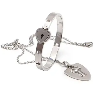 Shidara Lock Bracelet And Key Necklace Set For Couples Jewelry - Stainless Steel Heart Bangle For Men And Women | Silver | Pack Of 1