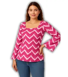 MYNOORI Women's Back Criss Cross Kurti – Stylish Pink Tie-Dye Rayon Short Kurti with Bell Sleeves & Square Neck | Backless Top for Casual, Ethnic (in, Alpha, 2XL, Pink)