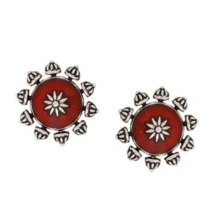 Voylla Silver Oxidised Plating Brass Moksha Antique Style Round Earrings with Red Studs for Women and Girls