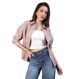 Urbano Fashion Women's Cotton Full Sleeve Oversized Fit Casual Striped Shirt with Spread Collar