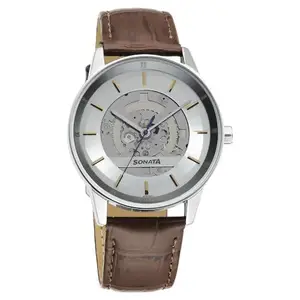 Sonata Unveil Quartz Analog Silver Dial Leather Strap Watch for Men-7133SL04