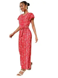Women's Rayon Tie & Dye Short Sleeve Jumpsuit (Red, S)-PID61807