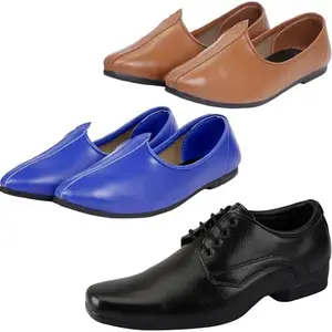 Vitoria Lace up Shoes for Men | Shoes for Men with PU Sole | Comfortable & Lightweight |Durable & Trendy Design | Color : Black-Blue-Tan | Size : 6, XTN_1001Blk_JuttiBluTan_6