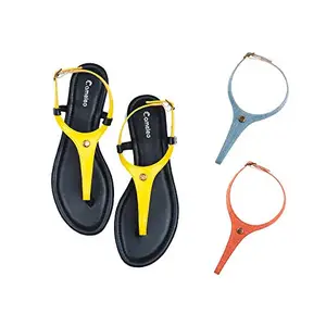 Cameleo -changes with You! Women's Plural T-Strap Slingback Flat Sandals | 3-in-1 Interchangeable Strap Set | Yellow-Leather-Light-Blue-Red