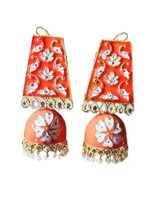 WatermelonEarings Elegant Gold Tone Traditional Floral Kundan Enamel Jhumki Earrings Ethnic Fashion Jewellery (orange)