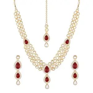 Generic Red Kundan Studded Necklace Set with Red Stones 18K Gold Plated (RED)