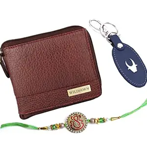 WildHorn Rakhi Gift Hamper for Brother-Classic Men's Combo/Gift Set of Leather Wallet, Keyring and Rakhi for Brother (Maroon)