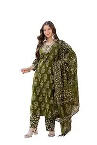 PARTHVI Women’s Cotton Printed Kurta Set with Pants & Dupatta | Elegant Ethnic Wear for Women | Floral Print | Comfortable Suit Set