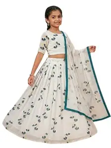 GAURIKIRAN FASHION Elegant White Floral Printed Lehenga Choli Set with Teal Border Dupatta Traditional Indian Ethnic Wear for Girls with Back-Tied Crop Top and Pleated Skirt