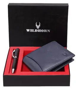 WildHorn ® Men's RFID Protected Leather Wallet and Pen Combo (Blue)