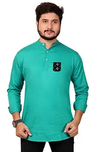 Made in The Shade Pure Cotton Men's Short Kurta with Printed Pocket | Green | L
