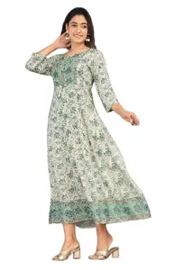 ANAISA Women White & Green Printed Fit & Flare Maxi Dress