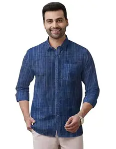 Men's Khaadhi Cotton Long Sleeves Striped Spread Collar Neck Casaul Shirt
