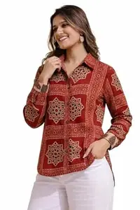 Women's Printed Shirt, Long Sleeve, Embroidered Cuffs, Collared Neck, Casual Ethnic Wear (in, Alpha, M, Regular, Red-Ajrakh)