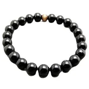 RRJEWELZ 6-8mm Natural Gemstone Black Tourmaline With Tigers Eye Round shape Smooth cut beads 7.5 inch stretchable bracelet for men & women. | STBR_RR_03797