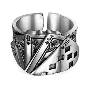 Unisex Stainless Steel Silver Color Adjustable Funky Stylish Trending Ace King Queen Jack Playing Tash/cards Design Poker Biker Casino Finger Thumb Ring (Free Size)