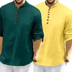 FINIVO FASHION Combo of Men’s Casual Full Sleeve Kurta Style Shirt with Button Placket, Lightweight Breathable Fabric, Regular Fit Ethnic Fusion Wear for Daily & Festive Use Pack of 2