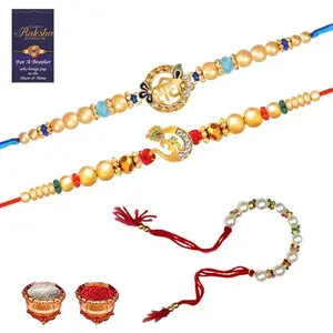 De Marquis 2 Designer Rakhi + 1 Lumba Gift Set for Bhaiya and Bhabhi, Pearl, Kundan Rakhis, Chawal Roli Pack, Greeting Card Set (Multicolor RAKHI set in different design with Roli and chawal)