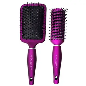 Majestique Vented Hair Brush 9 Row - Premium Purple Series, Detangling Hair Brush for Women, Men & Kids, Soft Bristle Blow Drying Brush for Wet & Dry Hair, Curly & Straight Hair, Portable, 2PCS