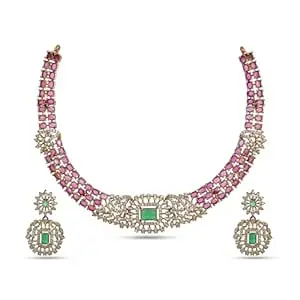 ZYRA JEWELS Stylish Golden Choker Necklace Set with Ruby, American Diamonds & Zircon Stones designer Jewellery Set for Women & Girls