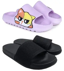 Pampy Angel Combo Pack of 2 Slipper/Flip Flops/Slides for Women,(Pika-Purple,Fly-Plain-Black),40 (Euro)