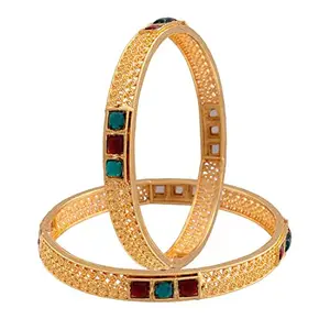 Amazon Brand - Anarva 18K Gold Plated Traditional Multicolor Stone Studded Bangles For Women/Girls (ADB318MG-b)