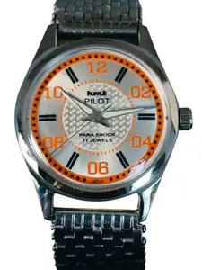 Refurbished Silver Dial Analog Wrist Watch for Men with Orange Accents & Stainless Steel Strap